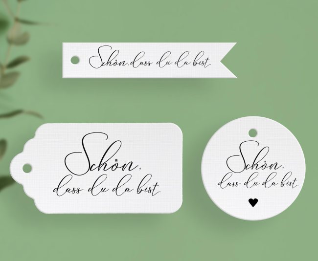 10 weiße  Etiketten  - Schön, dass Du da bist - Geschenkanhänger aus Leinenpapier
